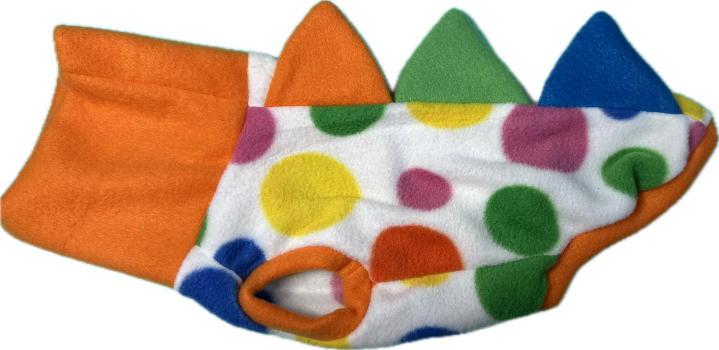 Dinosaur Jumper -Multicoloured spots  Print with Orange neck and  different coloured spikes