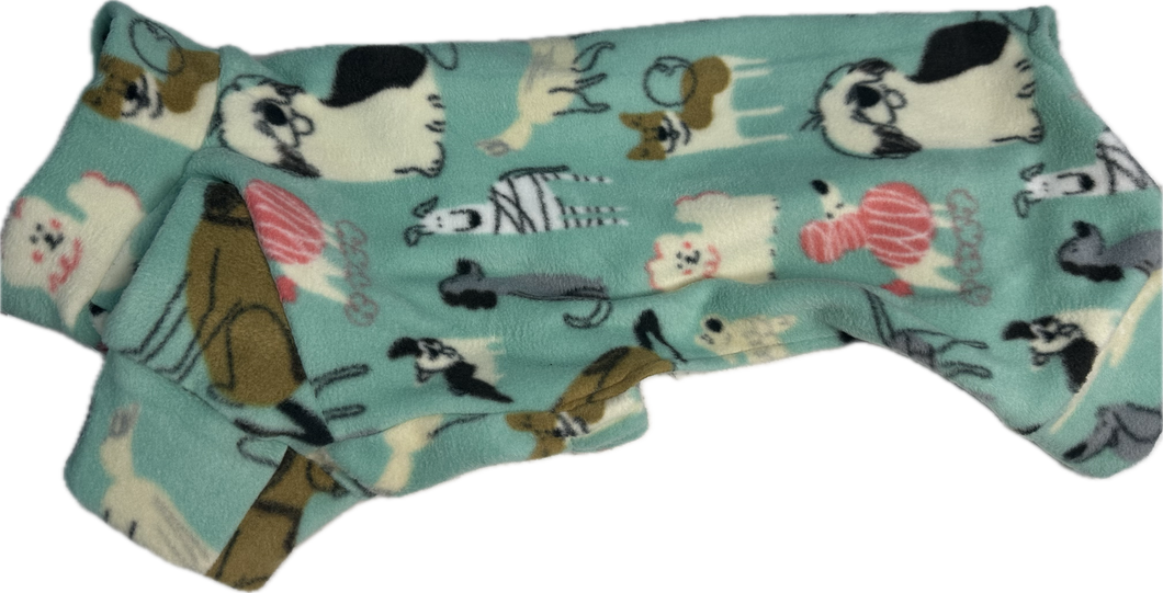 Onesie - SPECIALISED to suit Mini Daschunds  and Italian Greyhound - Dogs all over on Mint green