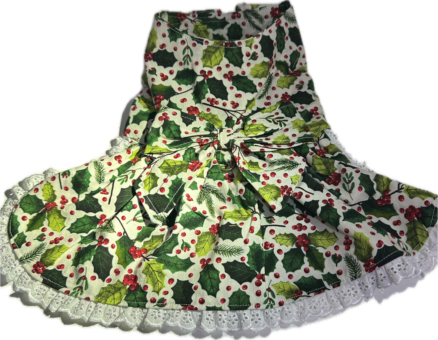 Christmas Dress - Holly and Ivory  print Trimmed with Broderie Print