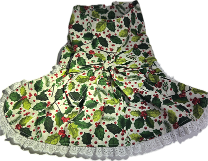 Christmas Dress - Holly and Ivory  print Trimmed with Broderie Print