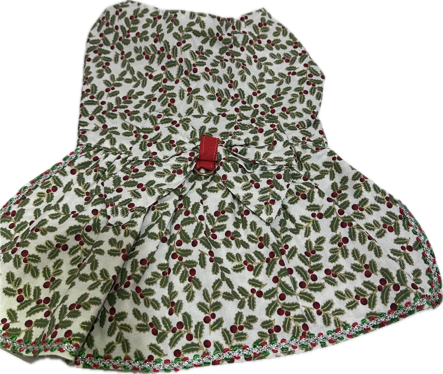 Christmas Dress - Holly and Ivory (Small Print) Trimmed with Red and Green Braid