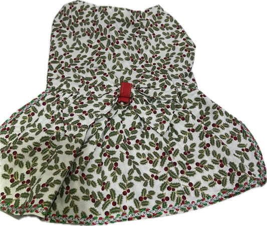 Christmas Dress - Holly and Ivory (Small Print) Trimmed with Red and Green Braid