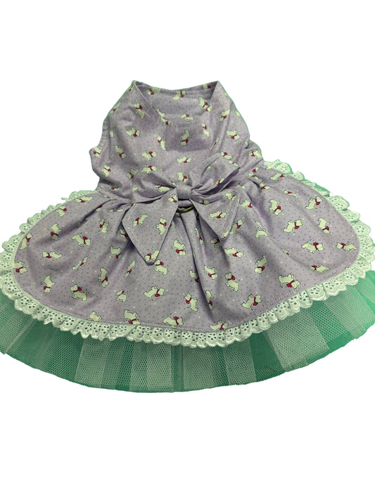 Dress - Scotty  Dogs on Mauve with broderie trim and tulle underskirt  and NEW FEATURE D ring (Copy)