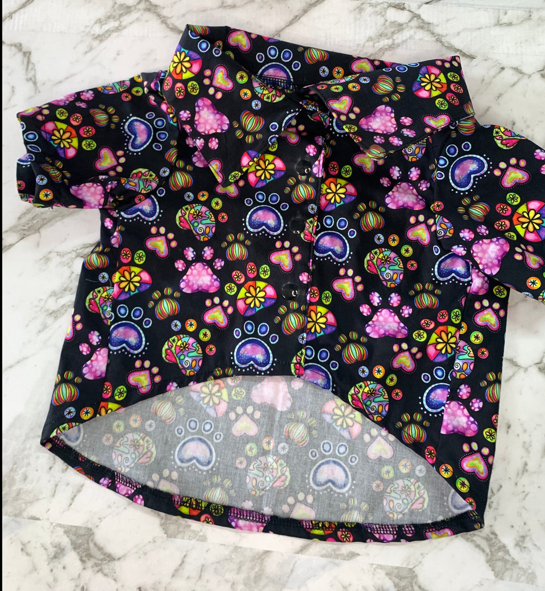 Collared Shirt  - Colourful Paw Print with matching Black background / Size Medium