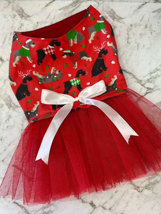Christmas Dress - Christmas Schnauzer Print Santa Dogs with Red Tulle Skirt